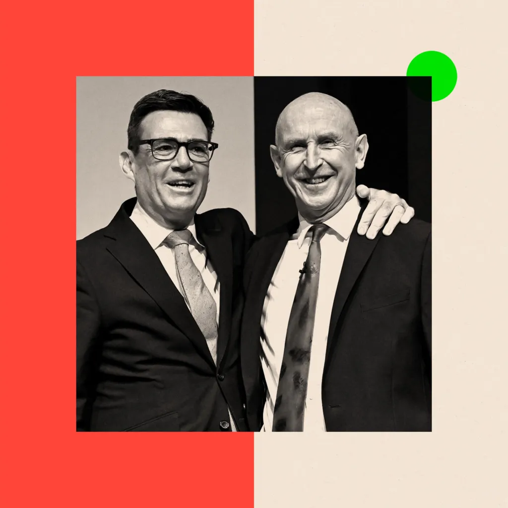 BBC A black and white photo of John Healey and Andy Burnham standing next to each other. Burnham has his hand on John Healey's shoulder