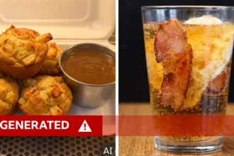 BBC A screenshot of two AI-generated images on Just Eat - one of chip muffins - a muffin with potato chips in them, and the other of a pint glass of fizzy drink with an egg and bacon in it