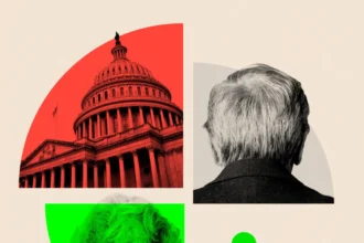 BBC A split image showing the US Capitol and the backs of a man's head and a woman's head, overlaid with red and green design elements