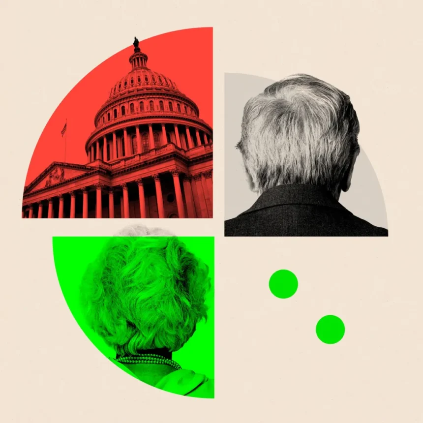 BBC A split image showing the US Capitol and the backs of a man's head and a woman's head, overlaid with red and green design elements