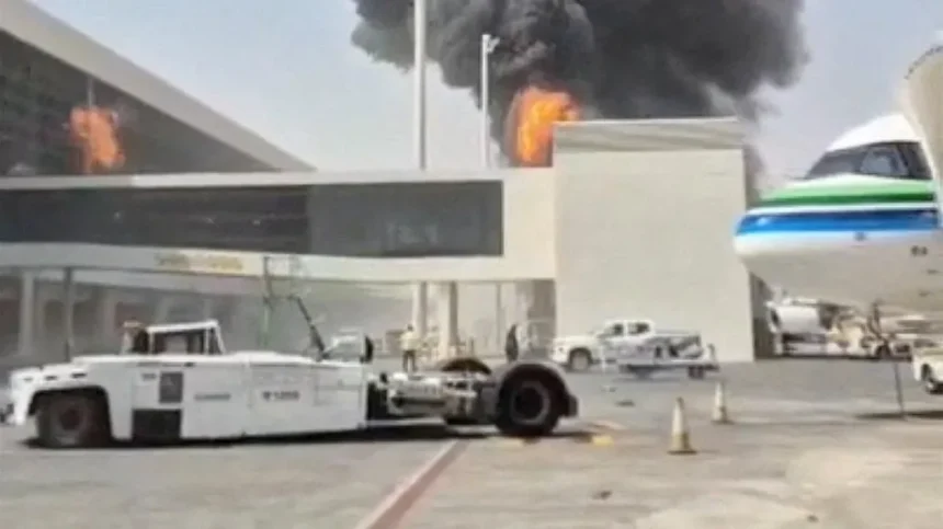 Reuters Smoke and flames rise from King Khalid Airport, after Yemen's Iran-backed Houthis said they attacked the airport, in Riyadh, Saudi Arabia, October 8, 2026, in this screengrab obtained from a social media video