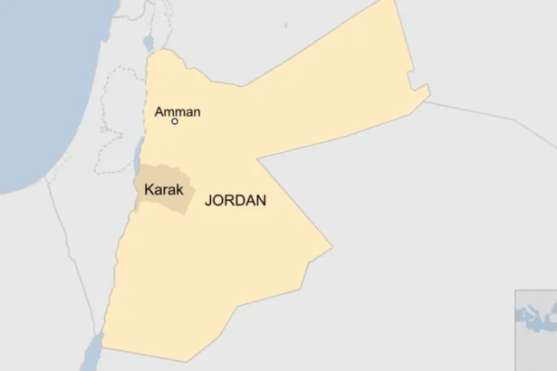 BBC A map showing the Karak governorate in Jordan and the capital Amman