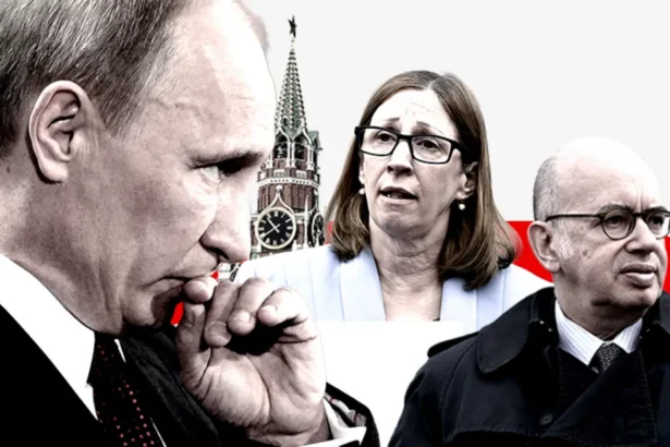 BBC/Getty Images Vladimir Putin, former US Ambassador to Russia Lynne Tracy, and former French Ambassador to Russia Pierre Levy in front of the Kremlin's Spasskaya Tower.