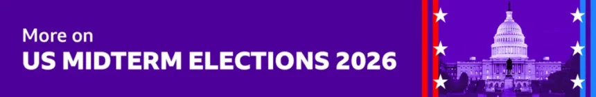 Purple banner reading "US Midterm Elections 2026" alongside a stylised image of the US Capitol and white stars.