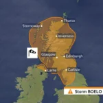 UK map showing location of Amber wind warning area shaded in orange.