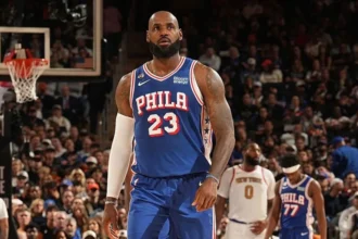 NBAE via Getty Images  LeBron James #23 of the Philadelphia 76ers looks on during the game against the New York Knicks on October 20, 2026 at Madison Square Garden