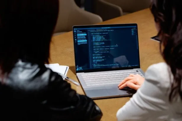 Getty Images The image shows two people from behind as they sit at a table looking at code on a laptop.