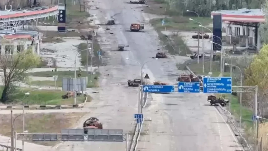 Reuters/Handout  A still image taken from an undated drone video released September 24, 2026, shows destroyed vehicles sitting on a street in Oleshky, Kherson Region, Russian-controlled Ukraine.